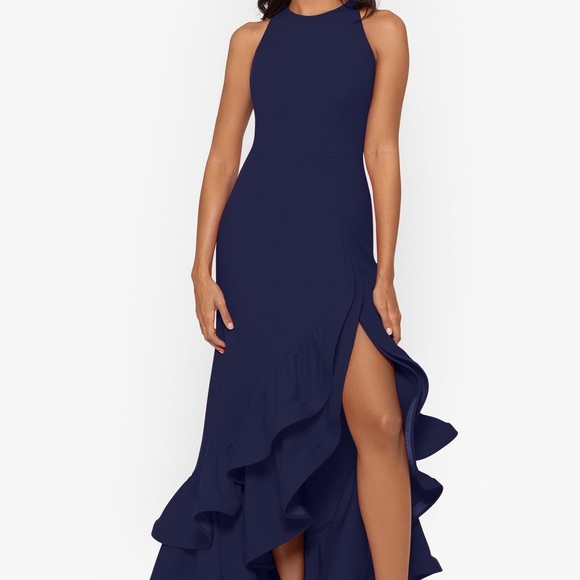 New Betsy and Adam Arielle Ruffle Tier Scuba Crepe Dress Navy Sz 2 - Picture 3 of 12